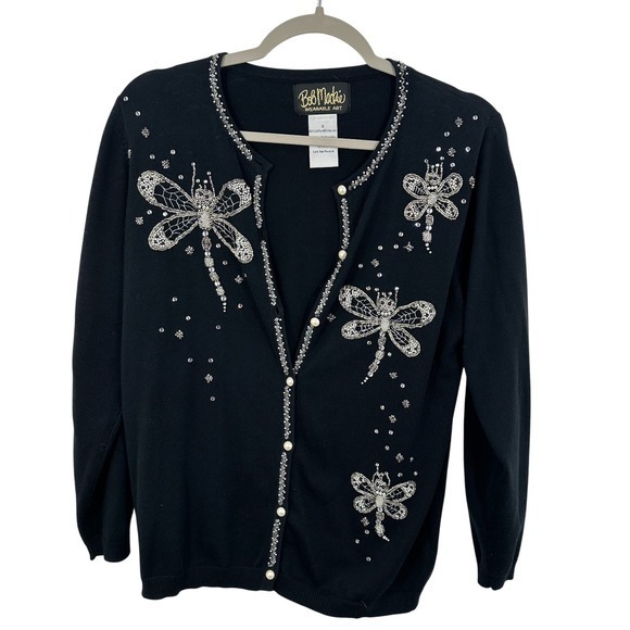Bob Mackie Wearable Art Sweaters - Bob Mackie Wearable Art Black Beaded Dragonfly Cardigan‎ Sweater Pearl Button